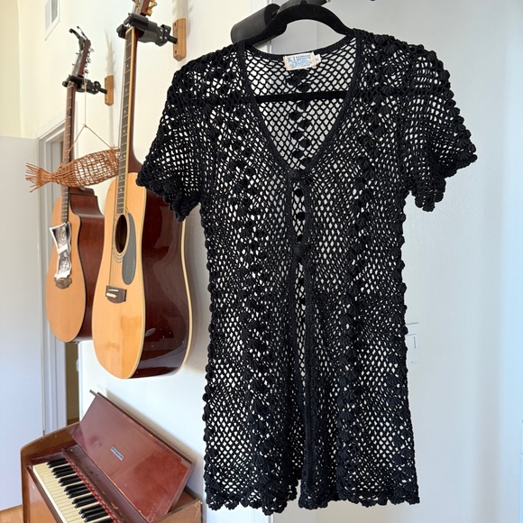 Vintage Tops - Vintage 1990’s Kaimana Imports Black Crochet Cardigan top beach or pool coverup